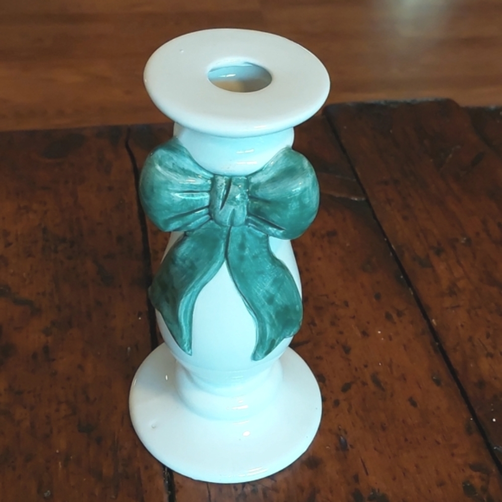 5/$25 Candleholder, Ivory with Green Bow, Cottagecore, Romantic, 1980's